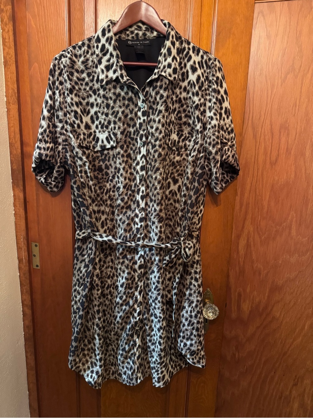 Fashion to Figure Tan and Black Leopard Print Midi Shirt Dress